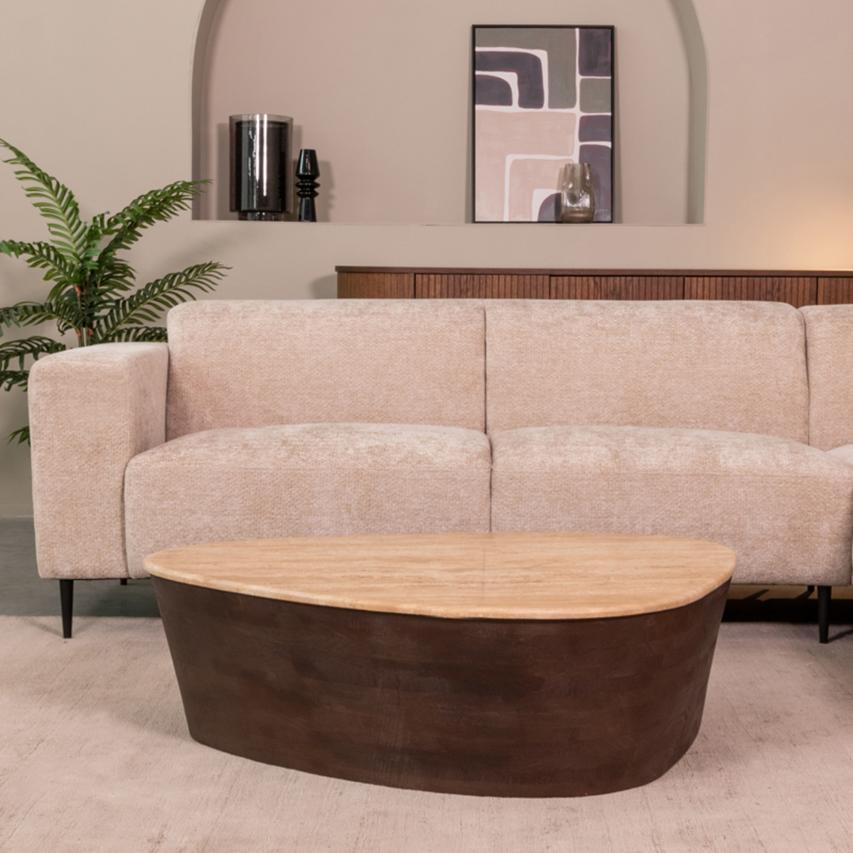 Salontafel Ravi - Ovaal - Espresso - Bruin - Travertin - Minimalistisch - LABEL51