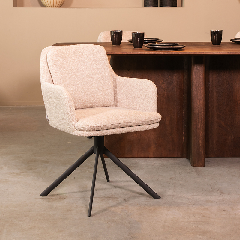 Eetkamerstoel I_Joy - Draaibaar - Armleuning - Naturel Beige - Boucle - Landelijk - LABEL51