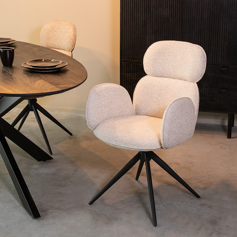 Eetkamerstoel I_Vidar - Draaibaar - Armleuning - Naturel Beige - Royal Boucle - Landelijk - LABEL51