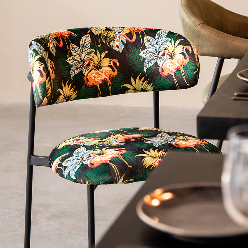 Eetkamerstoel I_Ferry - Zonder armleuning - Printed Flamingo - Blauw - Fluweel - Design - LABEL51
